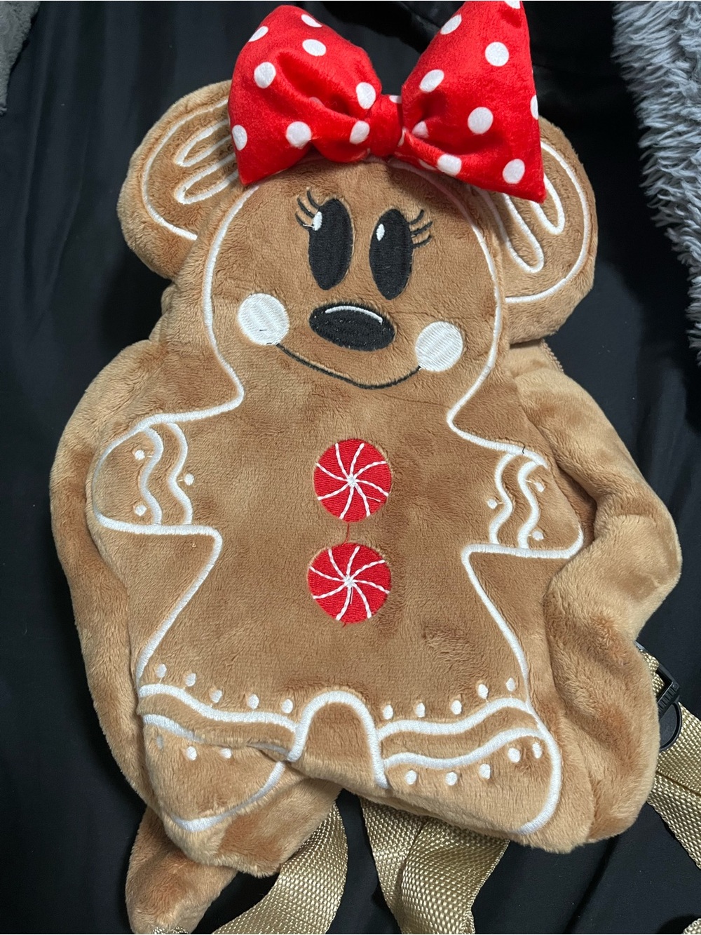 Kids Brown Gingerbread Plush Backpack with Red Polka Dot Bow